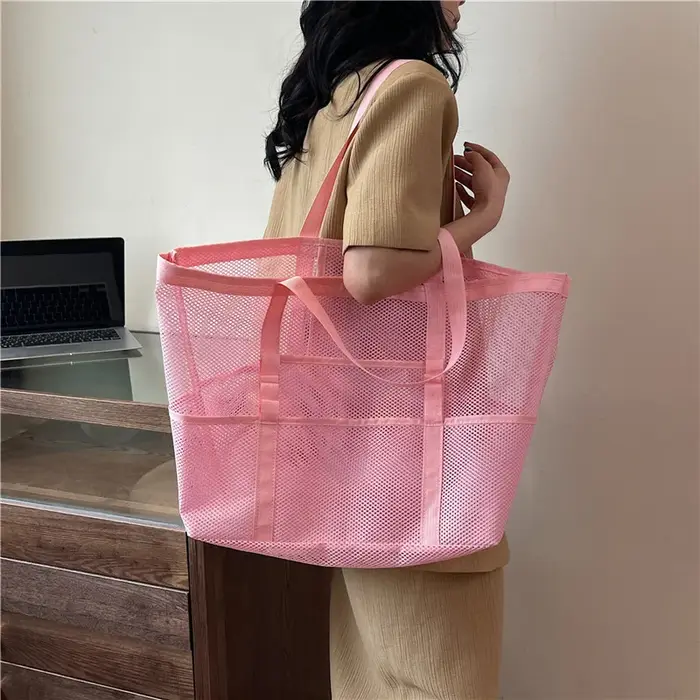 Sac de plage en maille Portable pour femmes, sac de lavage de rangement de voyage de maquillage, sac de bain de natation de voyage d'été, fourre-tout organisateur