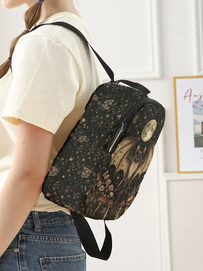 Sac à dos compact matelassé à imprimé floral Bat Moon Mushroom