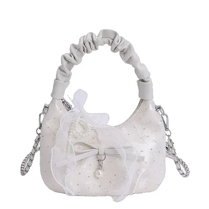 Petit sac plissé élégant avec nœud, bandoulière réglable polyvalente, sac à bandoulière avec rubans,