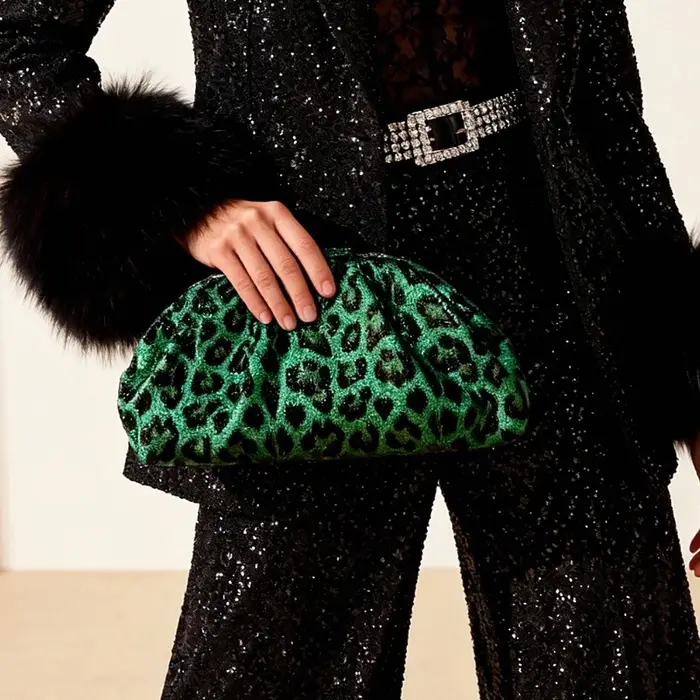 Nouvelle collection Printemps 2026 : Sac de soirée à sequins imprimé léopard, style vintage, vert pl