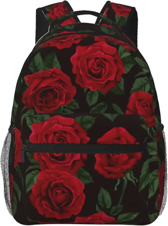 Sac à dos léger à motif de fleurs roses rouges pour hommes et femmes, sac à dos universitaire, sac à