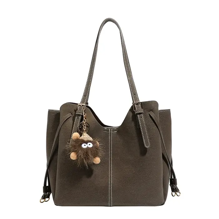 Sac fourre-tout en daim volumineux pour femme, sac à bandoulière vintage en PU souple avec porte-clé