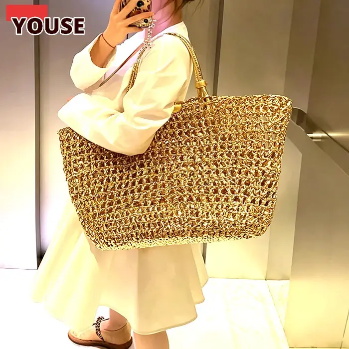 Sac fourre-tout de luxe en maille métallique dorée pour femme