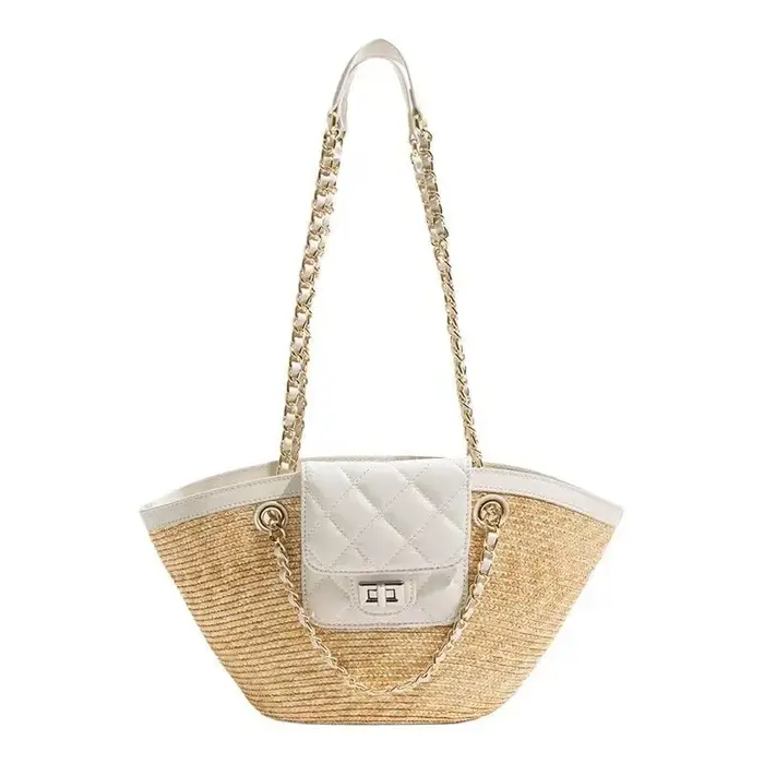 Nouveau Sac Fourre-tout de Plage en Paille Tressée Fait Main pour Femme