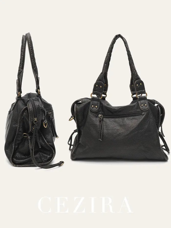 Vintage lavé en cuir PU grande capacité fourre-tout poches zippées tresse décor épaule sac à bandoulière unisexe femmes voyage quotidien sac à main