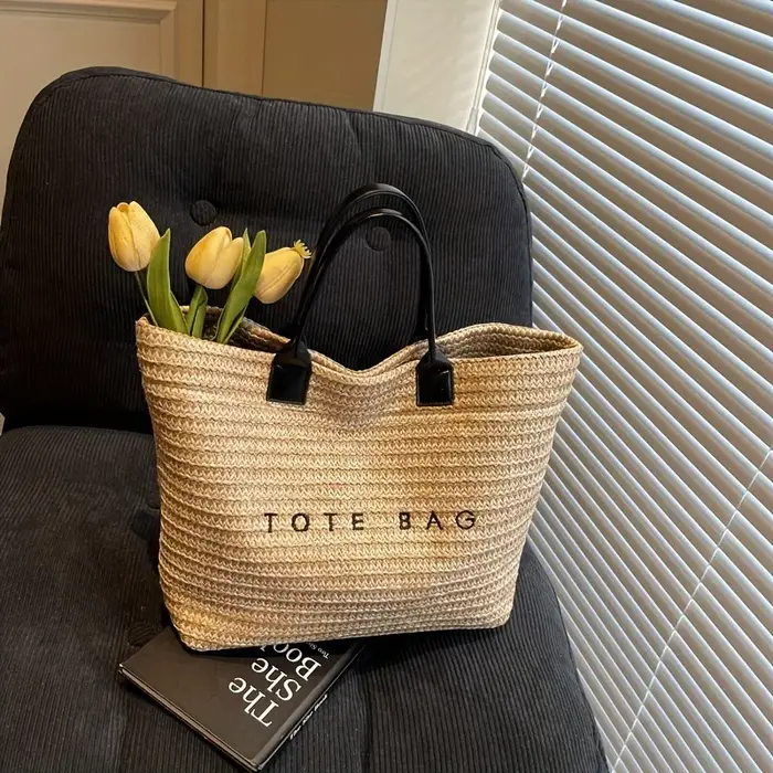 Sac fourre-tout en paille avec lettres brodées de grande capacité pour femmes