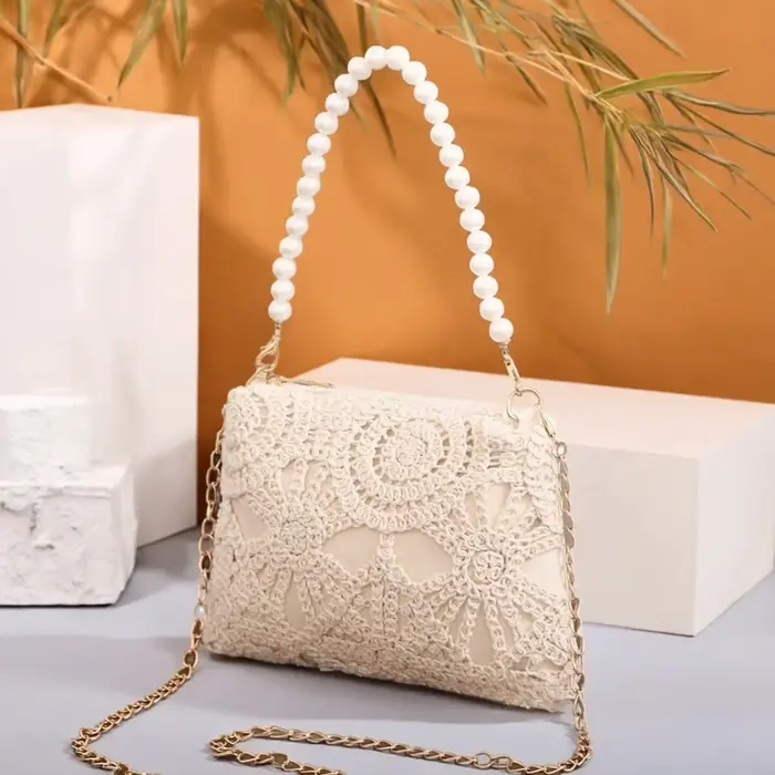 Sac à main femme style français élégant en dentelle avec chaîne de perles