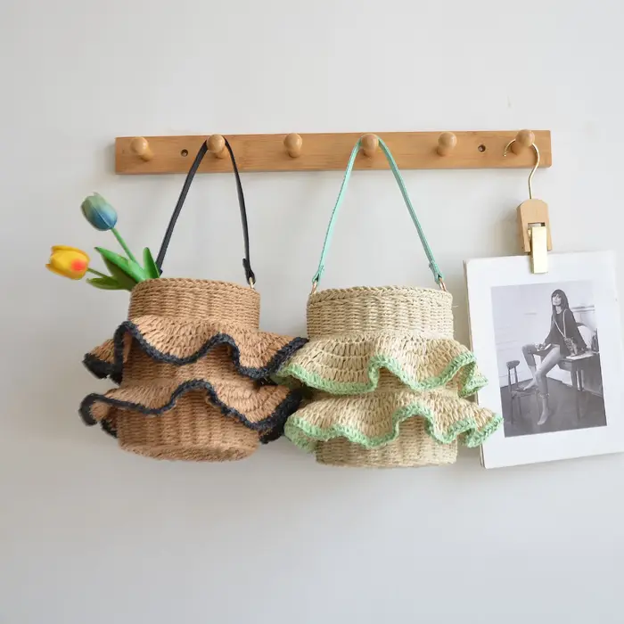 Sac seau froncé d'été, sacs à bandoulière tissés bohème pour femmes