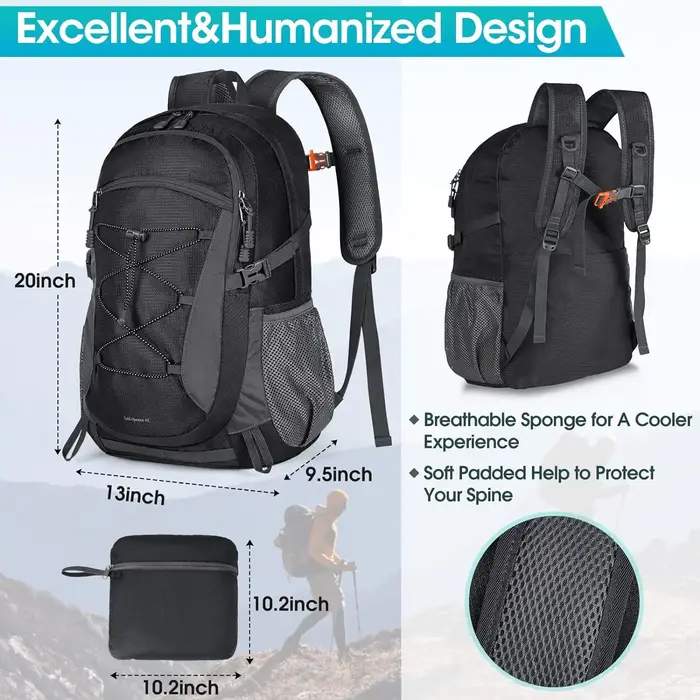 RAINSMORE Sac à dos de randonnée léger 40L Sac à dos de camping étanche Sac à dos pliable pour femmes et hommes Sac à