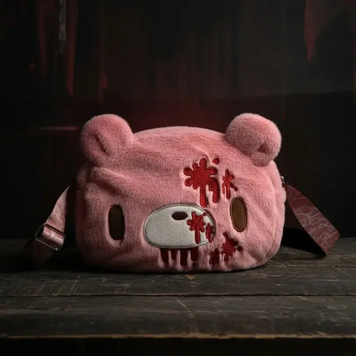 Sac à bandoulière en peluche ours rose Goth Pastel, sac à bandoulière brodé sanglant de Style foncé 