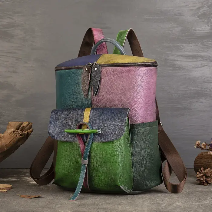 Sac à dos Patchwork en cuir véritable pour femme, sacs à bandoulière en cuir de vache véritable, fou