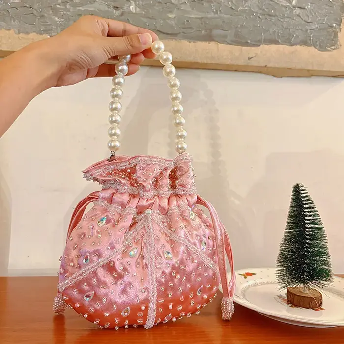 Perles perles gland fait à la main Satin seau sac perles transparentes perlé femmes sac à main dame 
