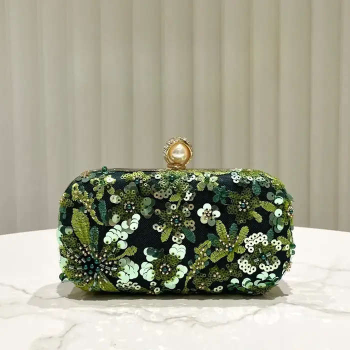 Pochette vert olive pour femme, élégante, brodée de paillettes et de perles, sac de soirée, sac de fête, sac à main vintage à paillettes