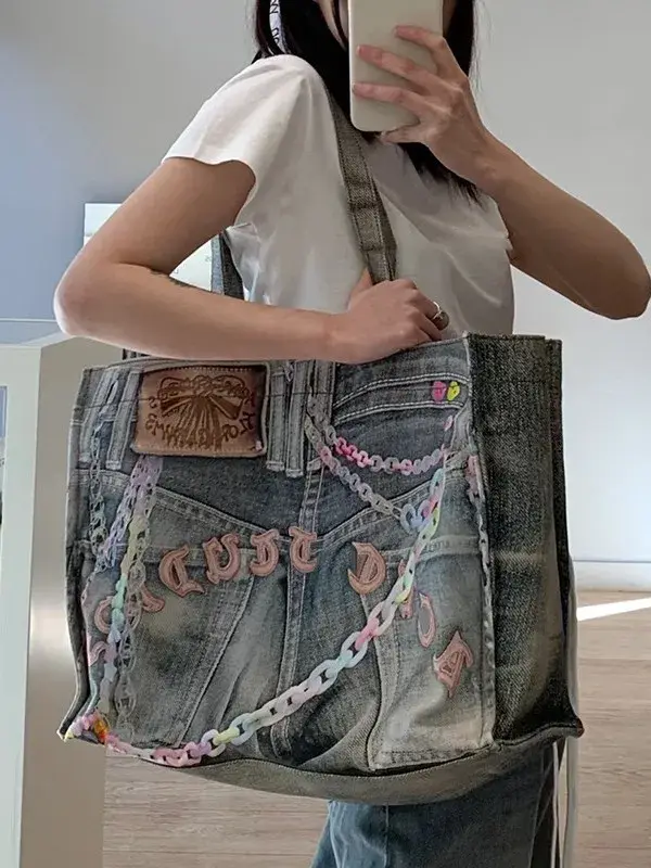 Sac fourre-tout en Denim tendance pour femmes, imprimé frais, sac à main décontracté de grande capac