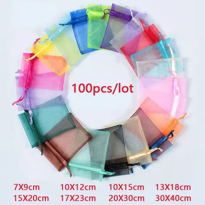 Sac en Organza 100 pièces/lot 7x9 9x12 10x15 15x20 20x30 sacs cadeaux