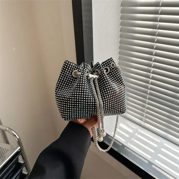 Sac à bandoulière à cordon, sac bandoulière à chaîne brillante, sac seau tendance, accessoire de mod