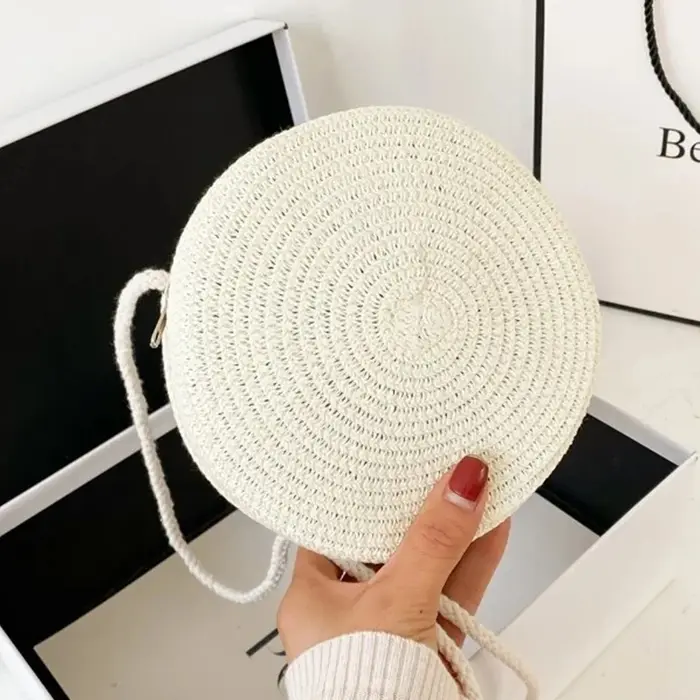Sac rond en paille tissé pour femmes, sac à bandoulière de plage pour dames, joli sac à épaule en ro