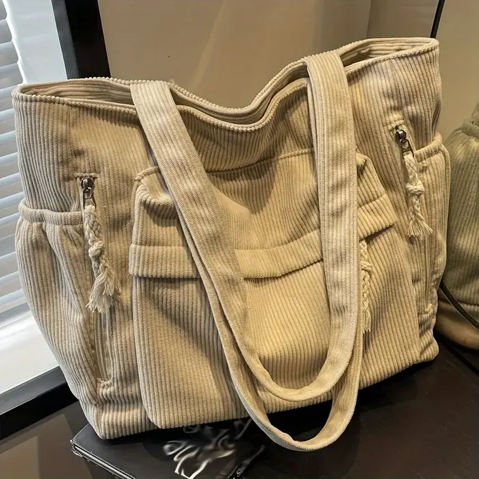 Sac fourre-tout en velours côtelé avec plusieurs poches