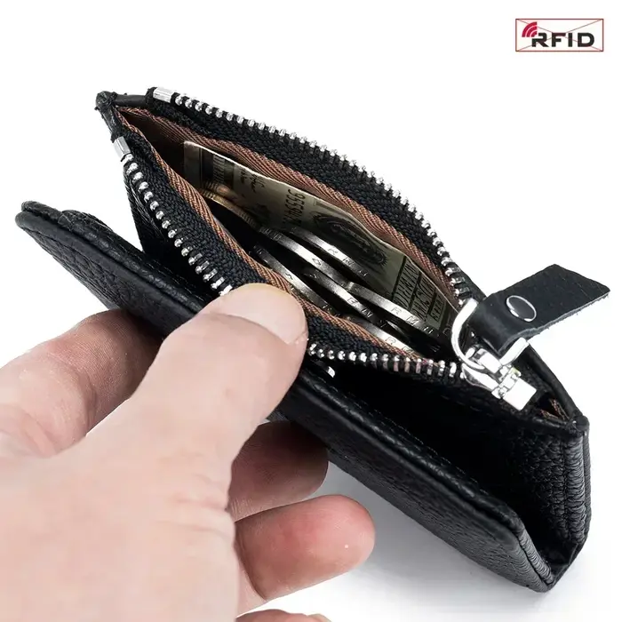 Poudres d'écouteurs en cuir véritable pour hommes et femmes, portefeuilles courts RFID, porte-cartes, sac portable en cuir de vachette, petite fermeture éclair, porte-monnaie