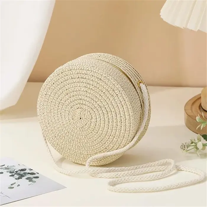 Sac à bandoulière tissé à la main en paille pour femmes, sac à main à bandoulière de couleur unie av
