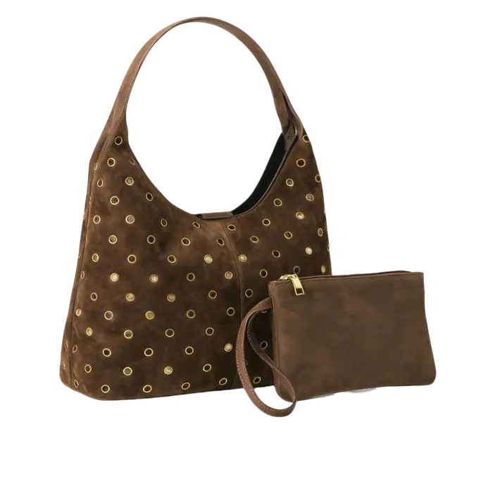 Sac fourre-tout clouté en daim et métal avec portefeuille assorti