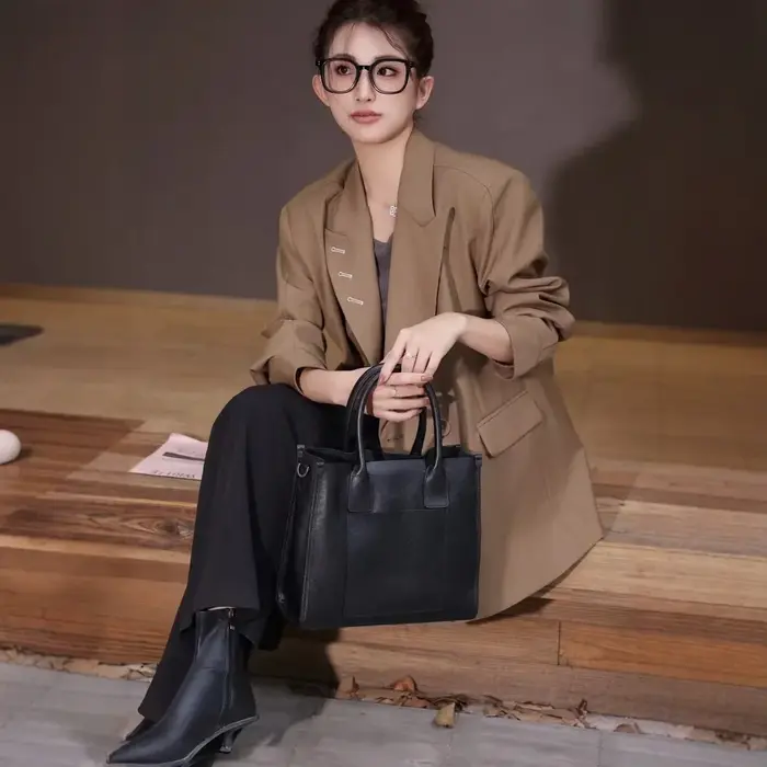 Grand fourre-tout carré rétro en cuir de vachette tanné végétal pour femme, sac à main durable, poly