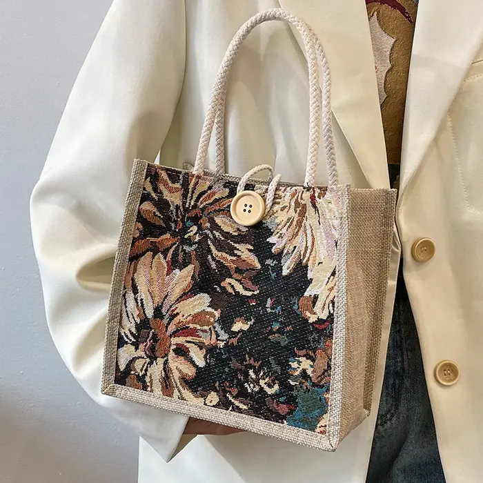 Sac à main en lin vintage pour femme, fourre-tout, grande capacité, sac d'épicerie, sac cadeau à ban