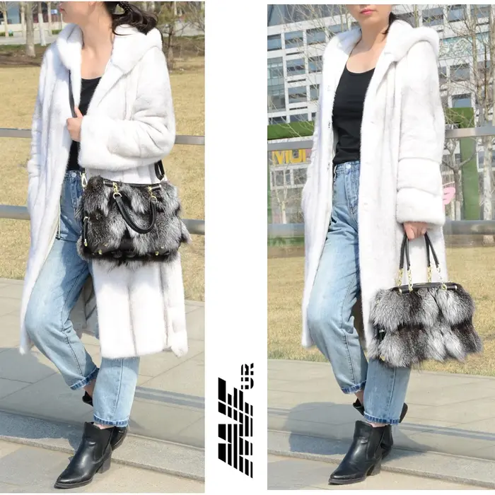 MS.Minshu-Sac à main en renard argenté naturel pour femme