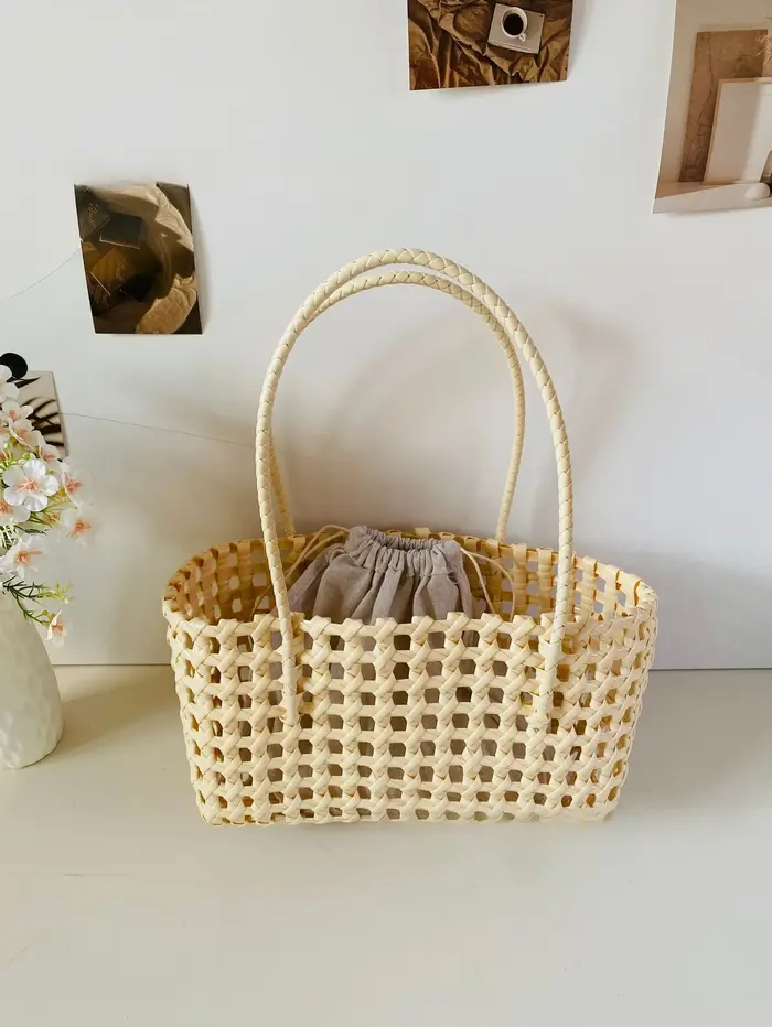 Sac en plastique tressé style campagnard bohème, panier à légumes, sac de vacances grande capacité, 