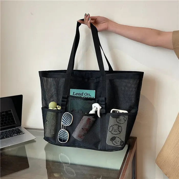 Sac de plage en maille Portable pour femmes, sac de lavage de rangement de voyage de maquillage, sac de bain de natation de voyage d'été, fourre-tout organisateur