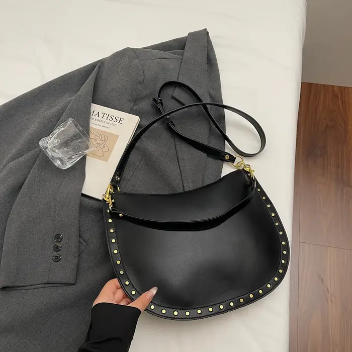 Sac à bandoulière demi-lune en cuir PU noir pour femme, sacoche de créateur tendance, sac fourre-tou