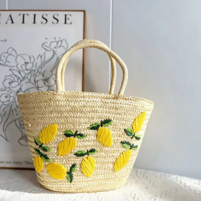 Sac de plage brodé cerise et citron, sac fourre-tout en paille pour les vacances, grande capacité, m