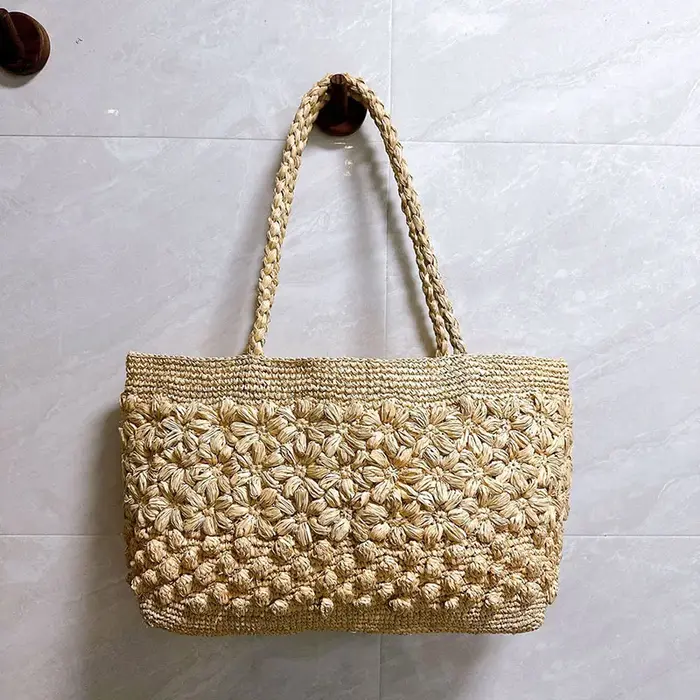 Sac fourre-tout bohème en raphia tressé, sac de plage au crochet fleuri pour femme, sac à bandoulièr
