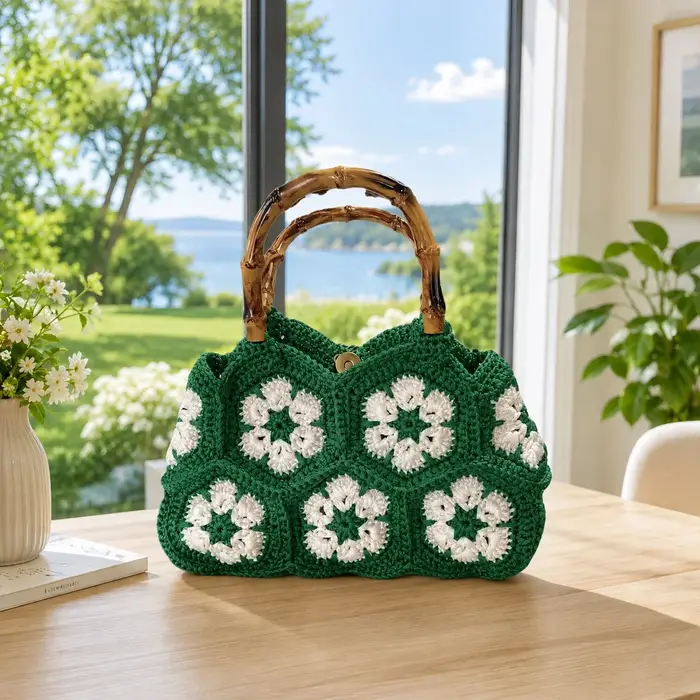 Sac en crochet floral tissé à la main avec une belle poignée – Sac fourre-tout rétro style Granny Square pour femme