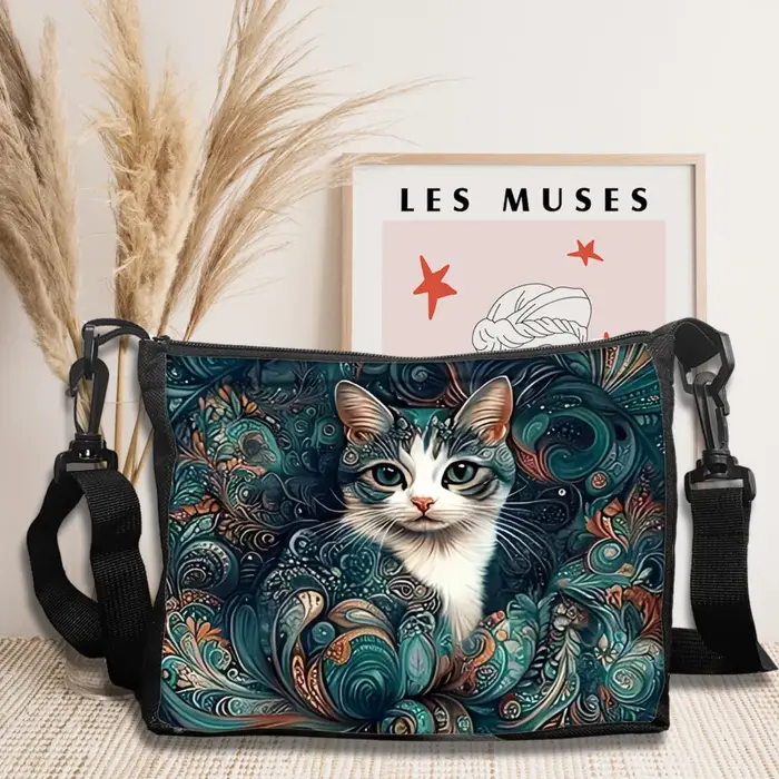 Sac à bandoulière Chic chat noir et motif Floral pour femmes