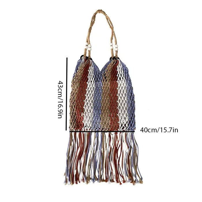 Sac fourre-tout en maille à franges style bohème, sac à bandoulière tissé à la main avec fond à pomp