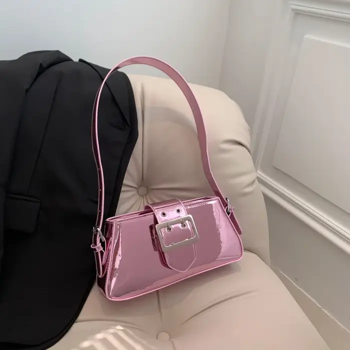 Leftside-Sac à main en cuir PU brillant pour femme, petit sac à main sous les bras, rose, argent ini