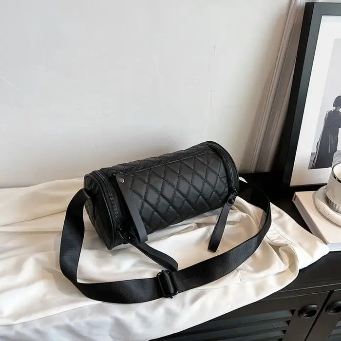 Sac Cylindrique Simple Couleur Unie, Sac Seau Rond Diamanté, Sac Baril en Nylon avec Large Bandouliè