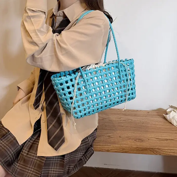Sac fourre-tout tissé à la main coréen, grand sac de plage de style bohème, sac à bandoulière décontracté en forme de panier pour femmes