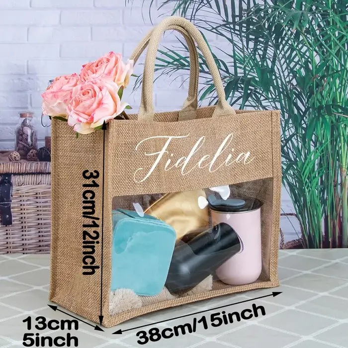 Sac fourre-tout en toile de jute de plage avec nom personnalisé