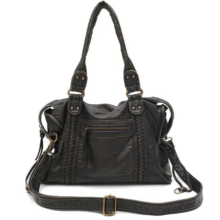 Vintage lavé en cuir PU grande capacité fourre-tout poches zippées tresse décor épaule sac à bandoul