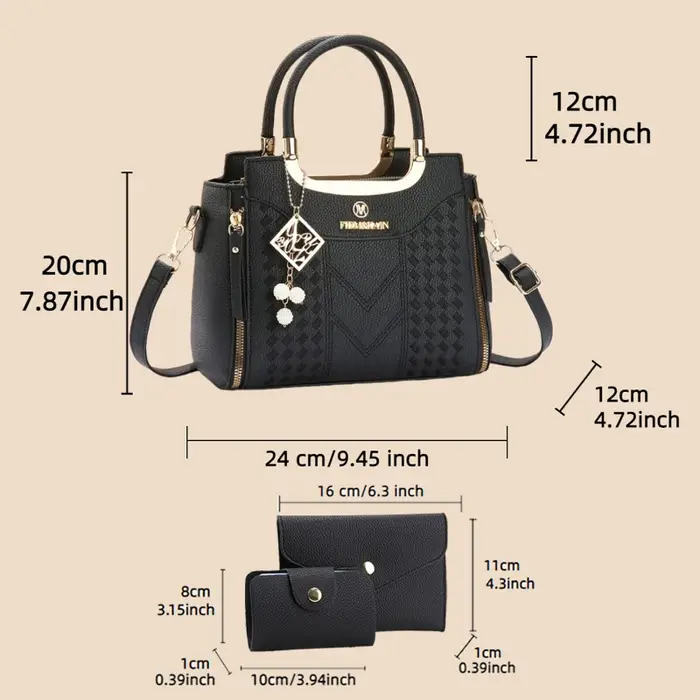Ensemble de 3 sacs à main en cuir PU grain litchi. Ce sac bandoulière uni pour femme présente une texture haut de gamme.
