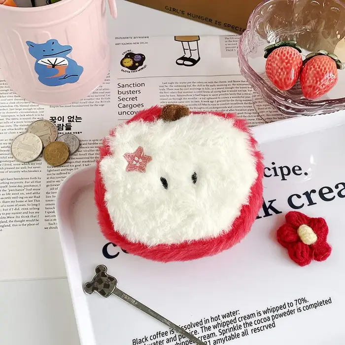 Porte-monnaie en peluche pomme mignon, Mini pochette Kawaii pour filles, porte-clés, portefeuille pour étudiant, organisateur de câbles d'écouteurs, poche douce et floue, cadeau