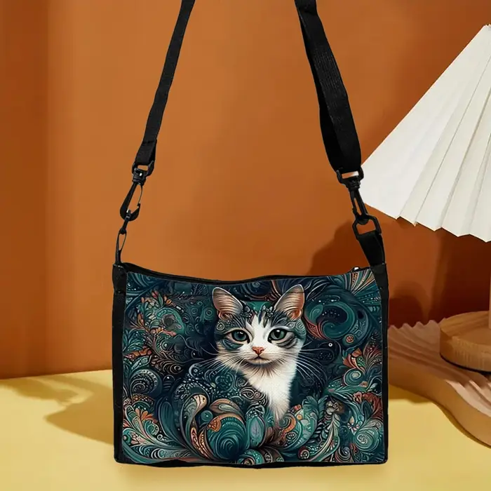 Sac à bandoulière Chic chat noir et motif Floral pour femmes