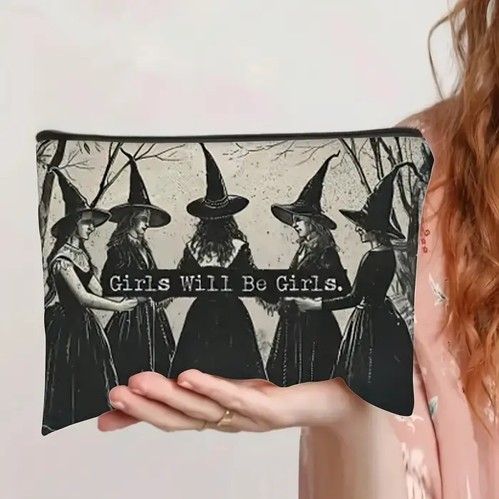 Trousse de maquillage de sorcière mystique et au clair de lune Illustration de sorcières enchanteresses Pochette cosmétique en polyester noir Cadeaux de vacances d'Halloween