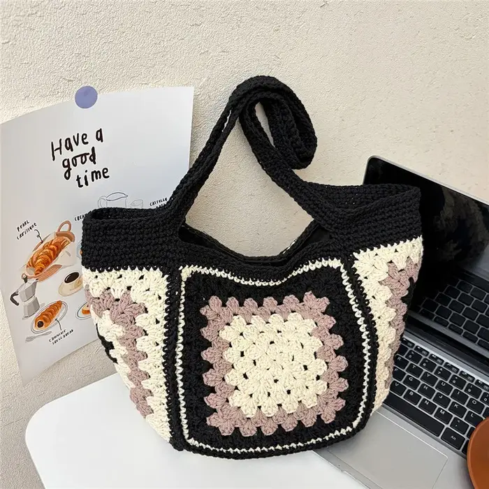 Sac seau grande capacité, fourre-tout tricoté, style plage décontracté, sac bandoulière, motif tress