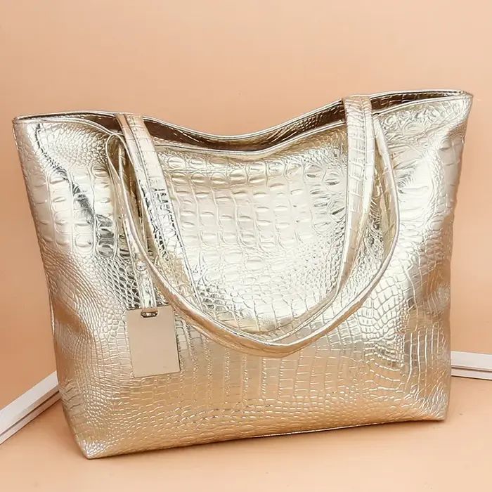 Mode décontracté femmes sacs à bandoulière argent or noir Crocodile Sac à main en cuir PU femme grand Sac fourre-tout