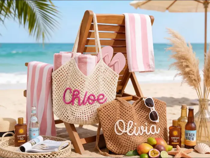 Sac de plage en crochet fait main avec broderie personnalisée du nom