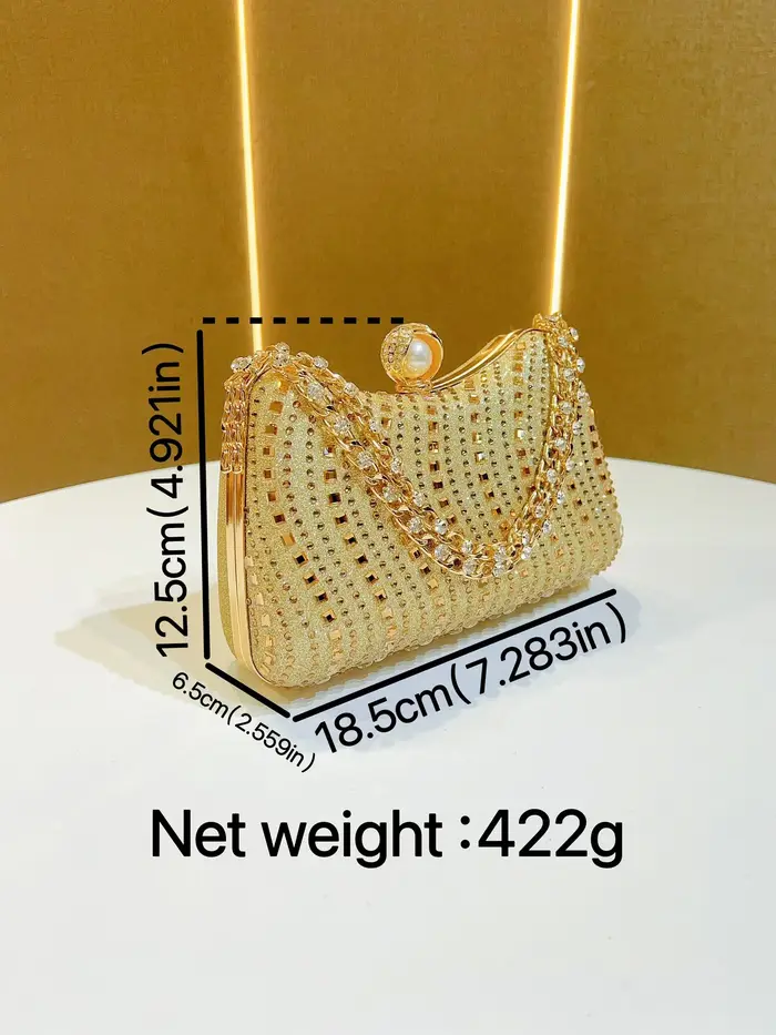 Pochette de soirée de luxe en strass dorés avec fermoir perlé et chaîne