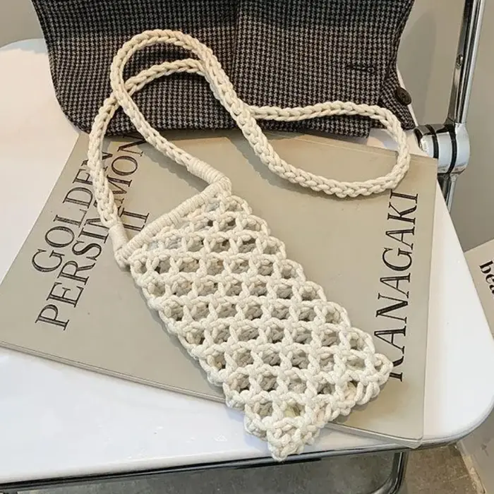 Petit sac à bandoulière pour téléphone pour femmes, couleur unie, tissé ajouré au Crochet, léger tre